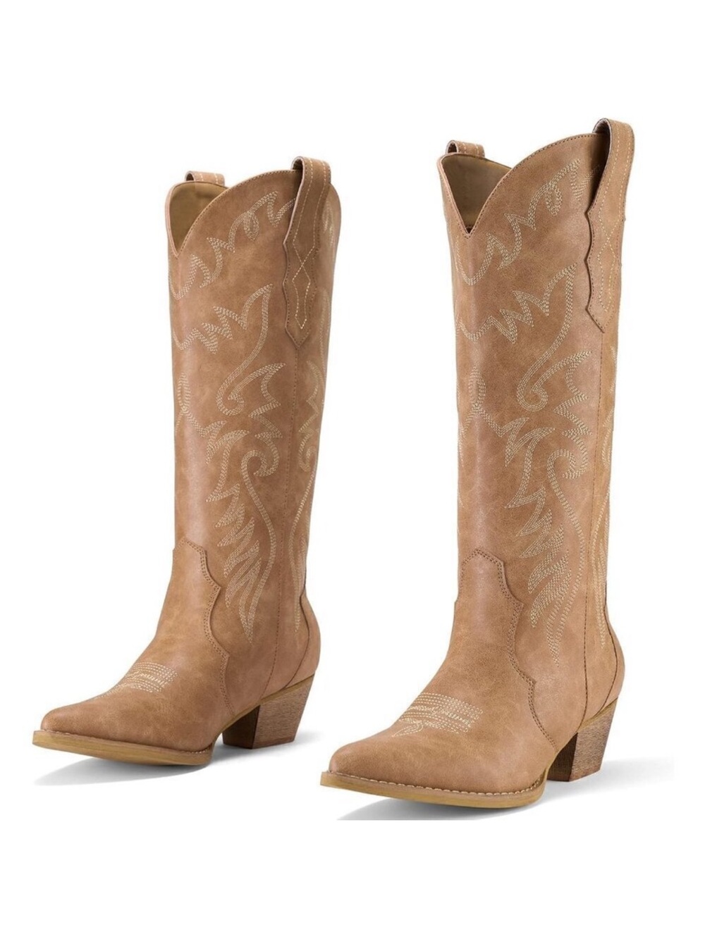 Rollda Cowboy Boots Women Tan Synthetic Embroidered Knee-High Western Toe Boots